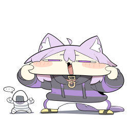  1girl absurdres animal_ear_fluff animal_ears black_hoodie blush_stickers cat_ears cat_girl chibi cocomayo29_(tomato) full_body highres hololive hood hoodie nekomata_okayu nekomata_okayu_(1st_costume) onigirya_(nekomata_okayu) purple_hair simple_background violet_eyes virtual_youtuber white_background 