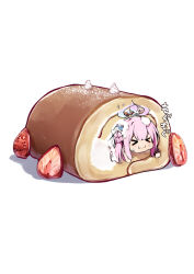  >_< 1girl blue_archive cake closed_eyes closed_mouth commentary_request cream food food_focus food_on_face food_on_head fruit hair_bun hair_ribbon halo highres long_hair mika_(blue_archive) object_on_head pink_hair pink_halo ribbon se-u-ra simple_background single_hair_bun solo strawberry strawberry_slice swiss_roll wavy_mouth white_background white_ribbon 