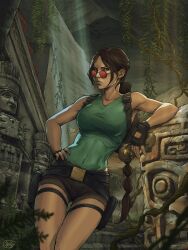  1girl aqua_leotard architecture backpack bag belt boots braid breasts brown_hair brown_shorts fingerless_gloves full_body gloves hand_on_own_hip highres holster illyne_cosplay indoors jewelry lara_croft leaning_to_the_side leg_up leg_wrap leotard lips looking_to_the_side medallion mesoamerican_architecture nature necklace parted_bangs plant red-tinted_eyewear shorts signature single_braid solo solo_focus stairs statue sun sunlight thigh_holster tinted_eyewear tomb_raider toned vines wolf 