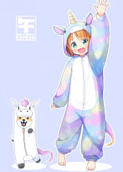  ._. 1girl 2026 :d animal animal_costume animal_ears barefoot blue_background blush brown_hair chinese_zodiac clothed_animal commentary_request dog fang green_eyes highres horse_costume horse_ears horse_tail inuarashi long_sleeves looking_at_viewer meiko_(inuarashi) onesie original puffy_long_sleeves puffy_sleeves shadow smile standing standing_on_one_leg tail tongue tongue_out unicorn_costume unicorn_horn year_of_the_horse 