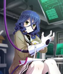  1girl ayanokouji_martial_arts_school_uniform blue_hair box brown_cardigan cable cardboard_box cardigan closed_mouth computer fingerless_gloves game_cg gloves green_eyes grey_sailor_collar hair_between_eyes haji_keiko hand_up holding holding_screwdriver indoors industrial_pipe laboratory medium_hair monitor official_art open_cardigan open_clothes pale_skin sailor_collar school_uniform screwdriver serafuku shirt single_glove sitting skirt small_sweatdrop solo third-party_source toji_no_miko toji_no_miko:_kizamishi_issen_no_tomoshibi wavy_hair white_gloves white_serafuku white_shirt white_skirt 