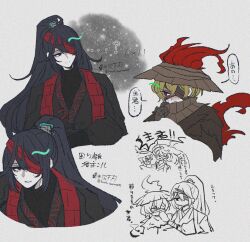  2boys bandage_over_one_eye black_hanfu brown_bandages brown_feathers brown_scarf chinese_clothes commentary conical_hat feather_tail feathered_cloak feathered_hat feathers hanfu hat heishou_pack-you_branch_(identity)_(project_moon) high_ponytail highres hong_lu_(project_moon) hongyuan_(identity)_(project_moon) limbus_company male_focus multiple_boys ponytail project_moon red_bandage red_feathers red_shrug rice_hat scarf short_hair shrug_(clothing) sinclair_(project_moon) 