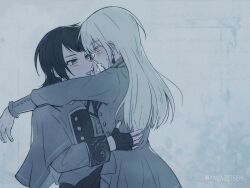  2girls bang_dream! bang_dream!_it's_mygo!!!!! black_gloves black_hair blue_eyes blush capelet dress finger_to_another's_mouth fingerless_gloves gloves green_hair grey_background grey_capelet grey_dress highres licking_another's_finger long_hair multiple_girls sweat tongue tongue_out twitter_username wakaba_mutsumi yahata_umiri yakaze_(yakaze1604) yellow_eyes yuri 