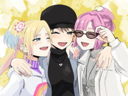  3girls :d ;d ^_^ ahoge anyoji_hime anyoji_hime_(winter_casual) arm_around_neck black_hat black_sweater blonde_hair blue_eyes blue_hair blunt_sidelocks blush breasts brown_hair closed_eyes coco_apollon collared_jacket commentary_request flower fujishima_megumi fujishima_megumi_(post-graduation) grey_jacket grey_sweater hair_flower hair_ornament hat heart heart_necklace hood hoodie jacket jewelry link!_like!_love_live! long_hair long_sleeves love_live! medium_breasts mira-cra_park! multi-tied_hair multiple_girls necklace one_eye_closed open_clothes open_jacket open_mouth osawa_rurino osawa_rurino_(winter_casual) pink_flower pink_hair ponytail purple_sweater ribbed_sweater sidelocks smile suit_jacket sunglasses sweater turtleneck turtleneck_sweater twintails upper_body violet_eyes virtual_youtuber white_hoodie white_jacket yellow_background 