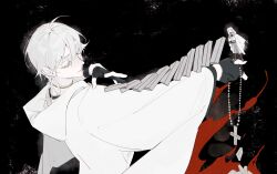  2boys absurdres ahoge bead_necklace beads closed_mouth coat cross cross_necklace dominoes eyelashes gloves hai_yexing_ren hair_between_eyes highres holding holding_jewelry holding_necklace hood hood_down hood_up jewelry long_sleeves monochrome multiple_boys necklace original partially_fingerless_gloves short_hair solo_focus spot_color standing upper_body wide_sleeves yellow_eyes 