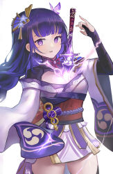  1girl april_cho arm_up asymmetrical_sleeves blunt_bangs braid bridal_gauntlets commentary covered_collarbone crystalfly_(genshin_impact) drawing_sword electricity fan_hair_ornament genshin_impact glowing glowing_sword glowing_weapon gradient_hair highres holding holding_sword holding_weapon human_scabbard japanese_clothes kimono long_braid long_hair mitsudomoe_(shape) mole mole_under_eye multicolored_hair musou_isshin_(genshin_impact) off_shoulder parted_lips purple_hair purple_kimono raiden_shogun red_sash sash shade single_braid solo standing sword thigh-highs thighs tomoe_(symbol) uneven_sleeves upper_body violet_eyes weapon white_background wide_sleeves 