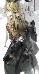  animal_ears arknights black_gloves black_jacket blonde_hair degenbrecher_(arknights) from_behind gloves goat_ears goat_horns highres horns jacket llmia4 long_hair looking_at_viewer looking_back pants undressing 