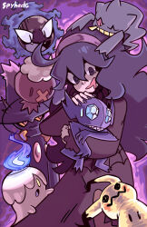  1girl @_@ banette black_dress dress drifloon drooling english_commentary gift_art halloween headband hex_maniac_(pokemon) hex_maniac_(pokemon_xy) highres holding holding_pokemon litwick mimikyu mismagius petting pokemon pokemon_(creature) purple_background purple_hair purple_headband purple_nails sableye shaded_face spyhedg violet_eyes 
