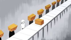  1girl 6+others angela_he box cardboard_box conveyor_belt cowboy_shot hair_bun hat_box highres long_sleeves multiple_others non-web_source official_art shirt standing surreal t-shirt you_left_me 