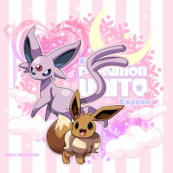  brown_eyes character_name commentary_request copyright_name eevee espeon forehead_jewel full_body kumano_sakunosuke no_humans open_mouth pokemon pokemon_(creature) pokemon_unite striped_background twitter_username violet_eyes 