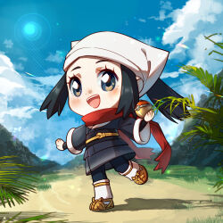  1girl akari_(pokemon) black_hair black_sash blue_eyes blue_kimono blue_sky blush careful_x chibi chibi_only clouds day eyelashes fern full_body galaxy_expedition_team_survey_corps_uniform grass headscarf hisuian_poke_ball holding holding_poke_ball japanese_clothes kimono lens_flare long_hair long_sleeves obi open_mouth outdoors poke_ball pokemon pokemon_legends:_arceus ponytail red_scarf sash scarf shadow sidelocks sky smile solo standing standing_on_one_leg teeth upper_teeth_only white_background white_headscarf 