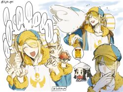  1boy 1girl akari_(pokemon) blonde_hair character_request chibi closed_eyes collarbone commentary dot_nose english_commentary english_text fur-trimmed_jumpsuit fur_trim hair_over_one_eye hand_to_own_mouth hat highres holding holding_poke_ball index_finger_raised jumpsuit looking_to_the_side medium_hair multicolored_hat multicolored_jumpsuit multiple_views open_mouth poke_ball pokemon pokemon_(creature) pokemon_legends:_arceus short_hair sidelocks speech_bubble sweat teeth thought_bubble twitter_username unholymilk upper_body volo_(pokemon) 