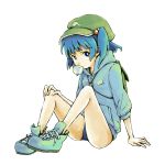  1girl backpack bag blue_eyes blue_hair bubblegum hair_bobbles hair_ornament hat hoodie kawashiro_nitori key looking_at_viewer one-piece_swimsuit school_swimsuit shirt shiru_(qtb) shoes short_hair sitting sleeves_rolled_up sneakers solo swimsuit swimsuit_under_clothes touhou twintails 