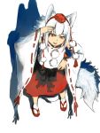  1girl animal_ears bare_shoulders detached_sleeves full_body geta hand_on_head hand_on_hip hat inubashiri_momiji pom_pom_(clothes) red_eyes ribbon-trimmed_sleeves ribbon_trim short_hair silver_hair simple_background solo tail tokin_hat touhou white_background wolf_ears wolf_tail zzzzzzzzzzzzzzp 