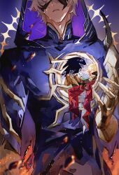  2boys absurdres black_cloak black_coat blonde_hair blood blood_on_face braid cape chinese_commentary clawed_gauntlets cloak closed_eyes coat commentary_request cracked_skin earrings flame_reaver_of_the_deepest_dark gold_earrings gold_necklace gradient_hair highres honkai:_star_rail honkai_(series) hood hood_up hooded_cloak injury jewelry kerror028 male_focus multicolored_hair multiple_boys mydei_(honkai:_star_rail) necklace open_clothes open_coat phainon_(honkai:_star_rail) red_cape red_hair short_hair white_hair white_lily yellow_blood 