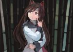  1girl \m/ animal_ears bamboo bamboo_forest brown_hair dress fingernails forest ichiba_youichi imaizumi_kagerou jewelry long_fingernails long_hair long_sleeves nail_polish nature red_eyes solo touhou wide_sleeves wolf_ears 