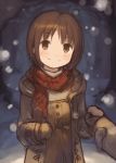  1girl blush brown_eyes brown_hair coat highres holding_hands kyuri mittens original pov scarf sketch smile snowing solo_focus winter_clothes 