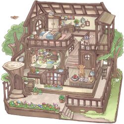  1boy 1girl :d animal bear bed blanket book bowl chair chigu closed_eyes closed_mouth commentary_request cooking_pot dog door floorplan flower grass highres holding holding_book lying notice_lines on_back on_bed open_book open_mouth original pillow plant potted_plant rabbit reading sitting smile speech_bubble spoken_food spoken_notice_lines stairs standing table thought_bubble tree vase wooden_floor 