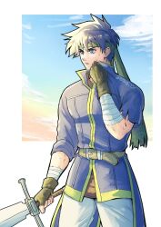  1boy aonagimay blue_eyes blue_hair fire_emblem fire_emblem:_path_of_radiance green_headband headband highres holding holding_sword holding_weapon ike_(fire_emblem) looking_to_the_side male_focus short_hair sword weapon 