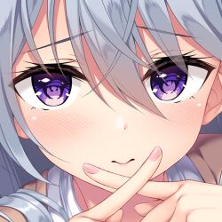  1girl asuka-san_wa_nabikanai blush brown_sweater_vest closed_mouth commentary_request cropped crossed_fingers eyes_visible_through_hair grey_hair hair_between_eyes looking_at_viewer official_art paid_reward_available sena_chifuyu shirt shishidou_asuka solo sweater_vest violet_eyes white_shirt 