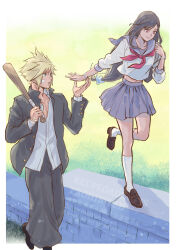  1boy 1girl baggy_pants bandaid bandaid_on_cheek bandaid_on_face baseball_bat black_hair black_jacket black_pants blonde_hair blue_eyes blue_sailor_collar blue_scrunchie blue_skirt border bracelet brown_shoes closed_mouth cloud_strife cloud_strife_(midgard_seventh_high_school) commentary_request delinquent final_fantasy final_fantasy_vii final_fantasy_vii:_ever_crisis foot_out_of_frame full_body gakuran grass hair_ornament hair_scrunchie highres holding holding_baseball_bat jacket jewelry long_hair looking_at_another loose_socks midriff_peek miniskirt neckerchief ninnin5tora official_alternate_costume open_clothes open_jacket outside_border pants pleated_skirt red_eyes red_neckerchief sailor_collar school_uniform scrunchie serafuku shirt shoes short_hair skirt smile socks spiky_hair tifa_lockhart tifa_lockhart_(midgard_seventh_high_school) walking white_border white_serafuku white_shirt white_socks 