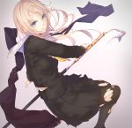  1girl black_legwear black_skirt blonde_hair blue_eyes fighting_stance katana la-na long_hair long_sleeves nodachi original pantyhose pleated_skirt pose scarf school_uniform serafuku sheath skirt sword tassel torn_clothes torn_pantyhose unsheathing weapon 