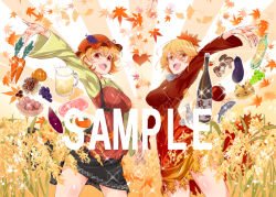  2girls aki_minoriko aki_shizuha alcohol apple apron beer black_skirt blonde_hair bottle breasts carrot corn cup dress fish food fruit grape_hat_ornament grapes hat leaf maple_leaf multiple_girls nyuu_(manekin-eko) onion open_mouth red_apron red_dress red_eyes red_hat sample_watermark skirt smile sweet_potato touhou watermark wheat 