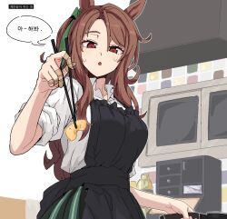  1girl animal_ears apron bandaid bandaid_on_finger bandaid_on_hand black_apron black_skirt bow brown_eyes brown_hair chopsticks collared_shirt commentary_request food formicid frying_pan green_bow hair_bow holding holding_chopsticks holding_frying_pan horse_ears horse_girl king_halo_(umamusume) kitchen_hood korean_commentary korean_text looking_at_viewer omelet one_side_up open_mouth shirt skirt sleeves_rolled_up solo sweat tamagoyaki umamusume white_shirt 