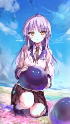  1girl 2others angel_beats! commentary_request grey_hair heaven_burns_red highres irohatomo long_hair looking_at_viewer multiple_others narby_(heaven_burns_red) neck_ribbon ribbon slime_(creature) socks tachibana_kanade yellow_eyes 