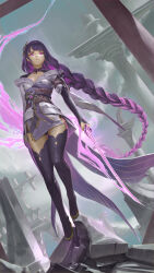  1girl absurdres blunt_bangs braid bridal_gauntlets broken_pillar closed_mouth commentary electricity english_commentary from_below full_body genshin_impact glowing glowing_sword glowing_weapon highres holding holding_sword holding_weapon japanese_clothes katana kimono lingerie long_braid long_hair looking_to_the_side mole mole_under_eye multicolored_hair musou_isshin_(genshin_impact) neck_ribbon outdoors purple_hair purple_kimono raiden_shogun red_ribbon red_sash ribbon sash shade single_braid solo standing streaked_hair sword thigh-highs underwear vente3141 violet_eyes weapon 