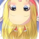 1girl :d alice_margatroid blonde_hair blue_eyes forehead hairband highres lolita_hairband looking_at_viewer open_mouth pentagon_(railgun_ky1206) short_hair smile solo touhou upside-down 