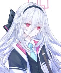  1girl absurdres artist_name black_bow black_hairband black_jacket blue_archive blue_necktie bow bright_pupils buttons collared_shirt dot_nose dress_shirt expressionless hair_between_eyes hair_bow hair_intakes hairband half_updo halo highres jacket kei_(blue_archive) kei_(new_body)_(blue_archive) long_bangs long_hair long_hair_between_eyes looking_at_viewer necktie nite_01077 open_clothes open_jacket pink_halo popped_collar rectangular_halo red_eyes ringed_eyes school_uniform shirt shoulder_strap simple_background solo split_mouth straight_hair upper_body white_background white_hair white_pupils white_shirt wing_collar 