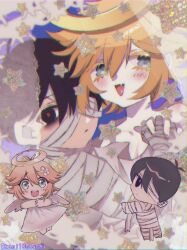  2boys alternate_costume angel angel_wings antenna_hair basil_(faraway)_(omori) basil_(omori) black_eyes black_hair blonde_hair blue_eyes chibi closed_mouth commentary_request double-parted_bangs fake_halo fake_wings fang hair_between_eyes halloween_costume halo highres interlocked_fingers kauchi_(kani10cauchi) looking_at_viewer male_focus multiple_boys mummy_costume omori open_mouth parted_lips red_pupils short_hair short_sleeves sidelocks skin_fang sunny_(omori) tongue twitter_username wings 