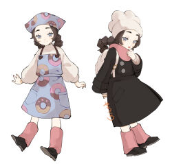  1girl ansha_(pokemon) apron black_coat black_hair blue_apron blue_eyes blue_headscarf blush braid closed_mouth coat commentary_request donut_print food_print hat headscarf highres leg_warmers long_hair long_sleeves open_mouth pink_leg_warmers pink_scarf pokemon pokemon_legends:_z-a print_apron scarf simple_background smile sweater white_background white_bag white_hat white_sweater winter_clothes winter_coat yachimata_1205 