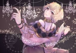  1girl bare_back blonde_hair breasts brown_dress citrinne_(fire_emblem) commentary_request dress earrings fire_emblem fire_emblem_engage from_behind gold_choker gold_trim hair_ornament highres hoop_earrings jewelry leather_wrist_straps looking_at_viewer looking_back medium_breasts mismatched_earrings nekoyashiki_08 red_eyes wing_hair_ornament 