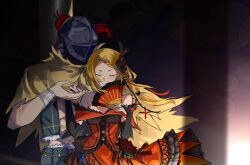  1boy 1girl aldebaran_(re:zero) bare_shoulders belt_pouch blonde_hair breasts bridal_gauntlets capelet closed_eyes covering_own_mouth cropped_jacket dress elbow_gloves facing_another facing_viewer flower frilled_dress frills fringe_trim gloves hair_flower hair_ornament hair_tubes hand_up helmet highres jumpman960605 long_sleeves low_side_ponytail medium_breasts offering_hand plume pouch priscilla_barielle re:zero_kara_hajimeru_isekai_seikatsu red_dress scar scar_on_arm scar_on_chest scar_on_stomach shadow sidelighting smile yellow_capelet 