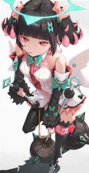  1girl absurdres angel_wings ball_and_chain_(weapon) bare_shoulders black_hair black_thighhighs bow breasts clothing_cutout colored_inner_hair commentary danielvera55 detached_sleeves dual_wielding english_commentary fur-trimmed_sleeves fur_trim green_bow hair_bow halo highres holding holding_weapon leotard looking_at_viewer mechanical_wings multicolored_hair multiple_hair_bows navel navel_cutout necktie pink_bow pink_hair red_eyes red_necktie rokudu_sariel skindentation small_breasts solo spiked_ball_and_chain standing standing_on_one_leg thigh-highs twintails two-tone_hair weapon white_leotard wings zenless_zone_zero 