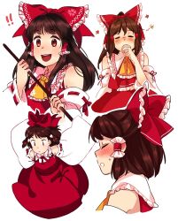  ! !! 1girl :d ascot bare_shoulders blush bow brown_eyes brown_hair closed_mouth collared_shirt commentary_request cup detached_sleeves drinking embodiment_of_scarlet_devil floral_print frilled_ascot frilled_hair_tubes frilled_shirt_collar frills from_side gohei hair_bow hair_tubes hakurei_reimu highres holding holding_cup holding_gohei long_hair long_sleeves multiple_views nekolina open_mouth red_bow red_ribbon red_shirt red_skirt ribbon ribbon-trimmed_sleeves ribbon_trim shirt simple_background skirt sleeveless sleeveless_shirt smile squeans teeth touhou upper_teeth_only white_background white_sleeves wide_sleeves yellow_ascot 