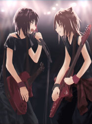 2girls bang_dream! bang_dream!_girls_band_party! black_hair black_pants black_shirt black_t-shirt brown_hair commentary cone_hair_bun double_bun electric_guitar grin guitar hair_bun highres holding holding_microphone instrument medium_hair microphone mitake_ran multicolored_hair multiple_girls music off-shoulder_shirt off_shoulder open_mouth pants playing_guitar playing_instrument profile red_streaks shirt sleeveless sleeveless_shirt smile standing streaked_hair toyama_kasumi yukitake_(bullfalk)