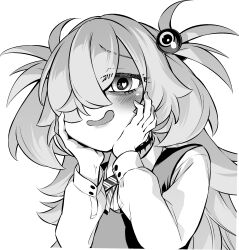  1girl absurdres black_choker blue_archive choker collared_shirt diagonal-striped_ribbon dress furrowed_brow greyscale hair_bobbles hair_ornament hands_on_own_face heart heart-shaped_pupils highres kanoe_(blue_archive) long_hair looking_at_viewer monochrome nakamobu one_eye_covered pinafore_dress shirt short_twintails simple_background sleeveless sleeveless_dress solo symbol-shaped_pupils twintails upper_body vest wavy_mouth white_background white_sleeves 