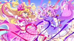  2girls :d absurdres ahoge akechi_anna aqua_eyes arm_up blonde_hair blue_background blue_eyes blue_ribbon blush bow brooch buttons cowboy_shot crop_top cure_answer cure_idol dot_nose double-breasted double_bun dress eye_contact fingerless_gloves gem glove_bow gloves hair_bun hair_flaps hair_intakes hair_ornament halterneck headset heart heart_brooch heart_hair_ornament heart_hands heart_hands_duo highres in-franchise_crossover jewelry kimi_to_idol_precure layered_dress long_hair looking_at_another magical_girl meitantei_precure! midriff multicolored_hair multiple_girls navel ookimi_gusoku_mushi open_mouth pact_holder pink_hair pink_ribbon pink_skirt plaid_clothes plaid_skirt precure precure_baton_pass puffy_sleeves purple_bow purple_dress purple_gem purple_hair ribbon sakura_uta_(precure) sidelocks simple_background skirt smile standing streaked_hair symmetry two-tone_hair white_gloves 