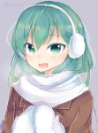  1girl :d bust earmuffs green_eyes green_hair highres irone_(miyamiya38) kantai_collection mittens open_mouth scarf smile suzuya_(kantai_collection) twitter_username 