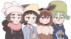  4girls ansha_(pokemon) arched_bangs black_eyes black_hair black_jacket blue_eyes blue_hat blue_hoodie blue_shirt blush braid braided_twintails brown_eyes brown_hair collar commentary_request cosplay dedenne diamond_clan_outfit diamond_mouth eevee eevee_(cosplay) fur_hat green_eyes green_hair green_hat hair_between_eyes hat highres hood hoodie jacket jewelry jitome kurachi_mizuki long_hair long_sleeves loose_hair_strand multiple_girls necklace open_mouth papakha parted_bangs pink_scarf poke_kid_(pokemon) pokemon pokemon_costume poppy_(pokemon) pose_imitation raised_inner_eyebrows sabi_(pokemon) scarf shako_cap shirt short_hair shoulder_strap simple_background swept_bangs two-sided_fabric two-sided_headwear upper_body white_background white_collar white_hat white_straps yellow_hat 