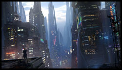  1boy building city city_lights cityscape clouds cloudy_sky commentary cyberpunk dusk english_commentary from_behind highres neon_lights on_rooftop original outdoors painterly radio_tower raphael-lacoste rooftop scenery sky smoking towel 