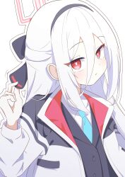  1girl absurdres black_hairband black_jacket blue_archive blue_necktie commentary_request hair_between_eyes hairband halo highres jacket kei_(blue_archive) kei_(new_body)_(blue_archive) long_hair long_hair_between_eyes looking_at_viewer multicolored_jacket necktie pink_eyes pink_halo shirodashitama shirt simple_background solo two-tone_jacket white_background white_hair white_jacket white_shirt 