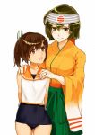  2girls brown_eyes brown_hair cowboy_shot dark_skin green_eyes green_skirt hairband hakama_skirt hands_on_another&#039;s_shoulders hiryuu_(kantai_collection) i-401_(kantai_collection) japanese_clothes jewelry kantai_collection looking_at_another multiple_girls pleated_skirt poco_(backboa) ponytail ring school_swimsuit short_hair simple_background skirt smile swimsuit swimsuit_under_clothes wedding_band white_background 