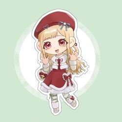  1girl aqua_ribbon bag bag_bow beret blonde_hair boots bow capelet chibi circle dot_nose dress dress_bow eyelashes eyes_visible_through_hair footwear_bow frilled_dress frills fur-trimmed_boots fur-trimmed_jacket fur-trimmed_sleeves fur_trim green_background green_ribbon grey_jacket hair_ribbon hair_rings handbag hands_up happy hat hat_ornament hat_ribbon heart heart-shaped_bag heart_hat_ornament highres infinity_nikki jacket knee_boots lace-up_boots leg_ribbon light_blush long_hair long_sidelocks long_sleeves medium_dress muhai668 neck_ribbon nikki_(series) open_clothes open_jacket open_mouth outline pantyhose pink_eyes pom_pom_(clothes) red_bow red_dress red_hat red_ribbon ribbon shirt_under_dress sidelocks smile snowy_encounter_(infinity_nikki) solo tareme very_long_hair wavy_hair white_boots white_capelet white_outline white_pantyhose yellow_bag 