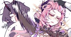  2girls adjusting_hair bilizinger black_gloves black_shrug blank_eyes breasts chinese_commentary commentary_request elf elysia_(honkai_impact) elysia_(miss_pink_elf)_(honkai_impact) gloves hair_ornament honkai_(series) honkai_impact_3rd horns long_hair meme multiple_girls naoya_hitting_choso_without_looking_(meme) open_mouth parted_lips pink_hair pointy_ears purple_hair raiden_mei raiden_mei_(herrscher_of_thunder) rapid_punches shrug_(clothing) very_long_hair 