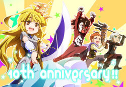  1girl 3boys animal_on_head anniversary armor blonde_hair blunt_bangs brown_pants commentary dragon_horns english_text gloves green_eyes grey_pants hand_warmer holding holding_polearm holding_sword holding_weapon horns jumping long_hair looking_at_viewer mikoto_(tanken_driland) multiple_boys nagai_(cwug3874) on_head open_mouth orange_hair paan pants polearm pollon_(tanken_driland) purple_scarf red_eyes scarf smile striped_background sword tanken_driland wallence weapon white_gloves white_hair yellow_eyes 