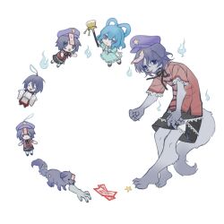  2girls 80isiiii black_ribbon black_skirt blue_dress blue_eyes blue_hair body_fur chibi chinese_commentary closed_mouth commentary_request dog dog_girl dress furrification furry furry_female hair_ornament hair_rings hair_stick hat hat_ornament jiangshi kaku_seiga lace-trimmed_sleeves lace_trim miyako_yoshika multiple_girls neck_ribbon ofuda open_clothes open_mouth open_vest purple_hair purple_hat red_shirt ribbon severed_hand shirt short_sleeves skirt smile star_(symbol) star_hat_ornament tail touhou vest violet_eyes white_vest x_x 